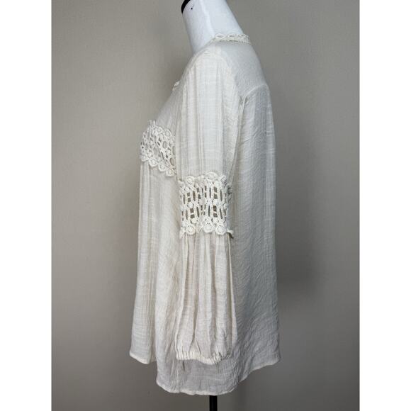 Solitaire Women's Top Blouse Sz L Off White Semi Shear 3/4 Sleeves Embroidered - Picture 7 of 12